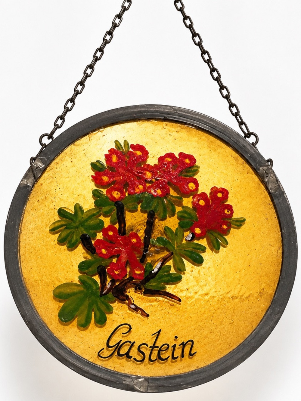 Signed Gastein Hand-Painted Amber Art Glass Floral Window Hanging suncatcher